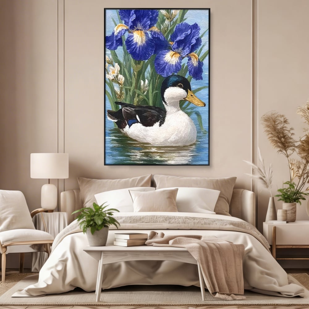 Leinwand Premium Canvas Wall Art, LuxCanva® M1119, Iris Kranz, Ente, Iris, Vogel, Blumen, See, Wasser, Violett, Frühling, Natur, Malerei, Aquarell, Blätter, Büro, Wohnen, Kinderzimmer