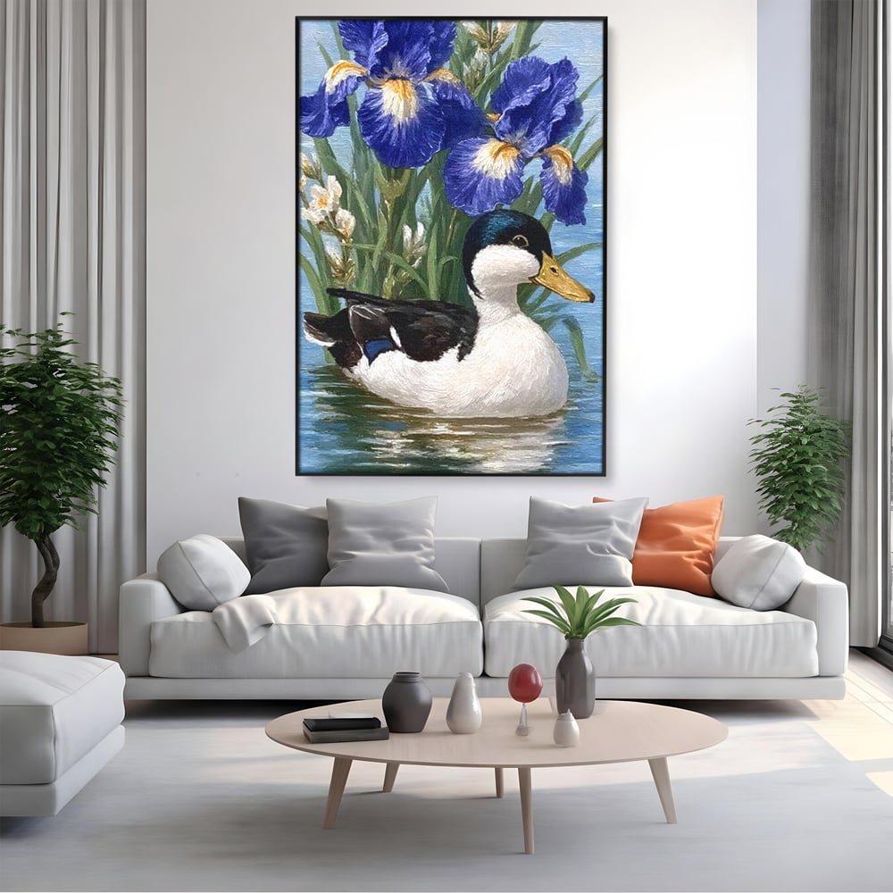 Leinwand Premium Canvas Wall Art, LuxCanva® M1119, Iris Kranz, Ente, Iris, Vogel, Blumen, See, Wasser, Violett, Frühling, Natur, Malerei, Aquarell, Blätter, Büro, Wohnen, Kinderzimmer
