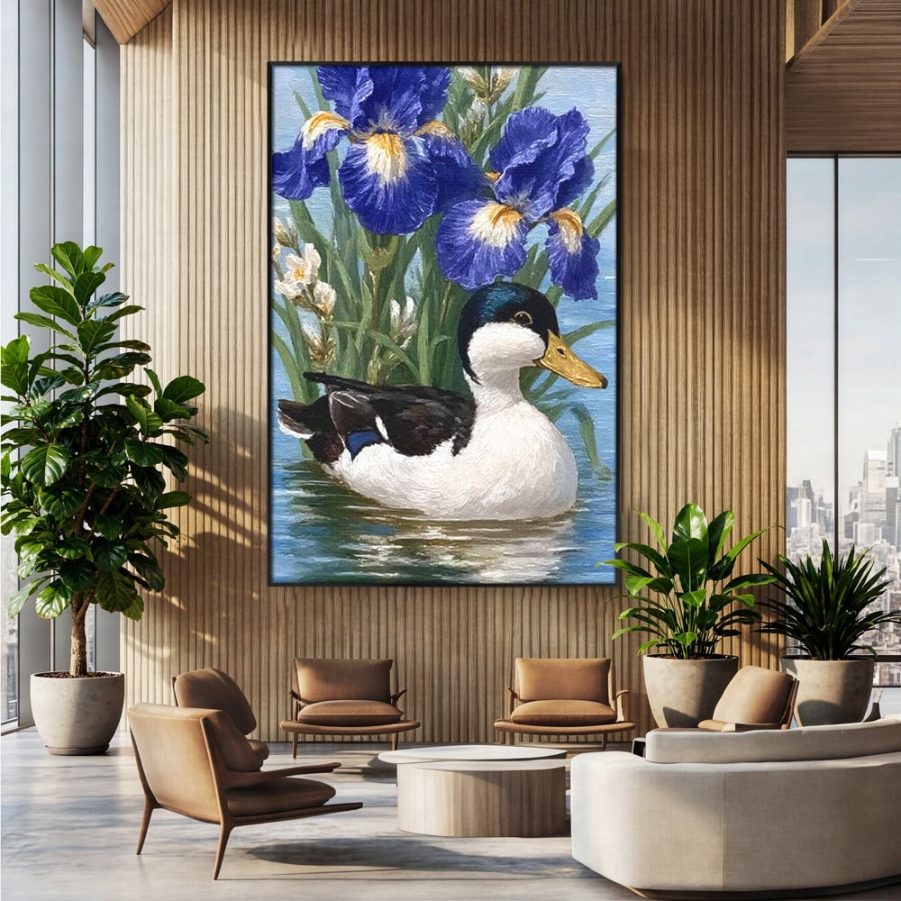 Leinwand Premium Canvas Wall Art, LuxCanva® M1119, Iris Kranz, Ente, Iris, Vogel, Blumen, See, Wasser, Violett, Frühling, Natur, Malerei, Aquarell, Blätter, Büro, Wohnen, Kinderzimmer
