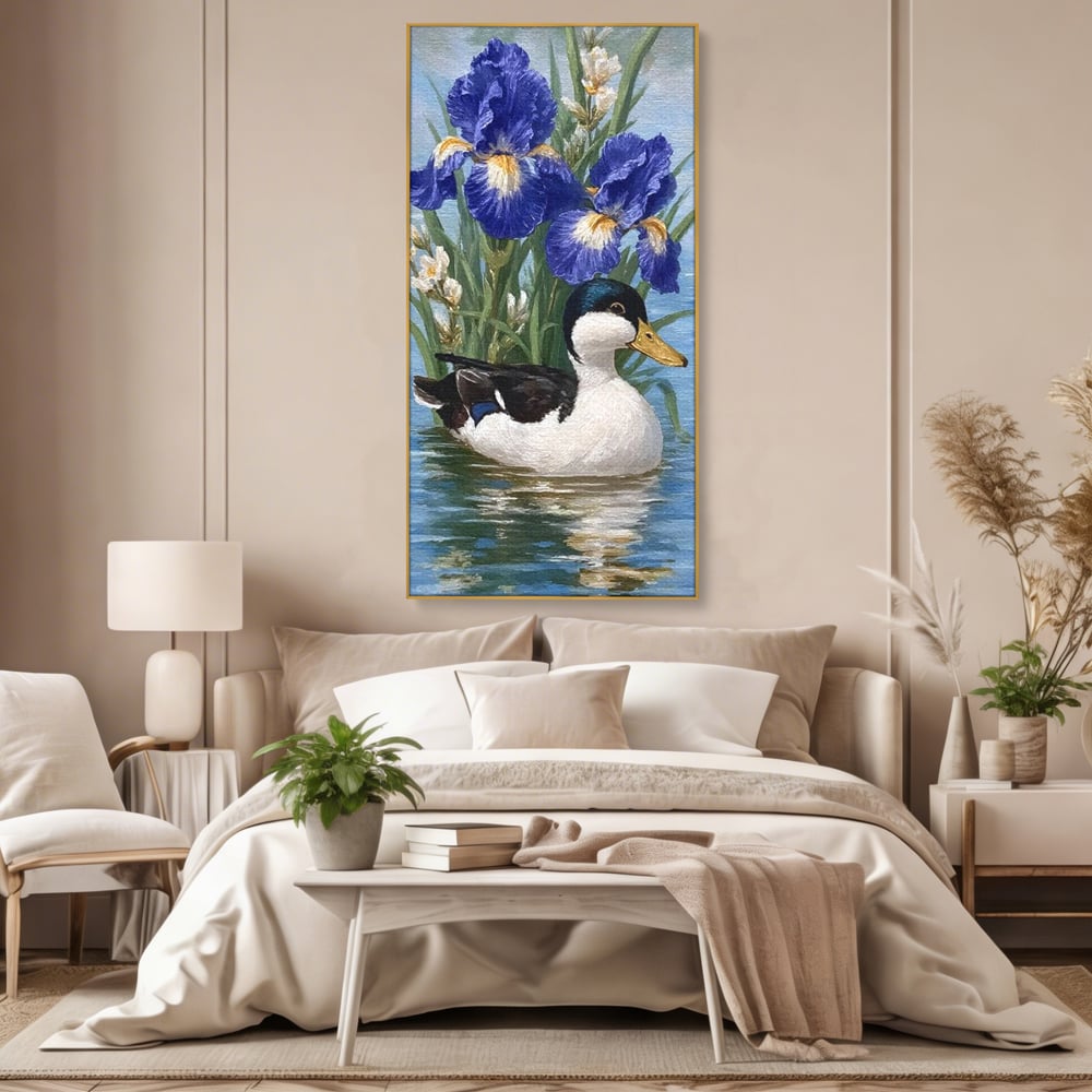 Leinwand Premium Canvas Wall Art, LuxCanva® M1119, Iris Kranz, Ente, Iris, Vogel, Blumen, See, Wasser, Violett, Frühling, Natur, Malerei, Aquarell, Blätter, Büro, Wohnen, Kinderzimmer