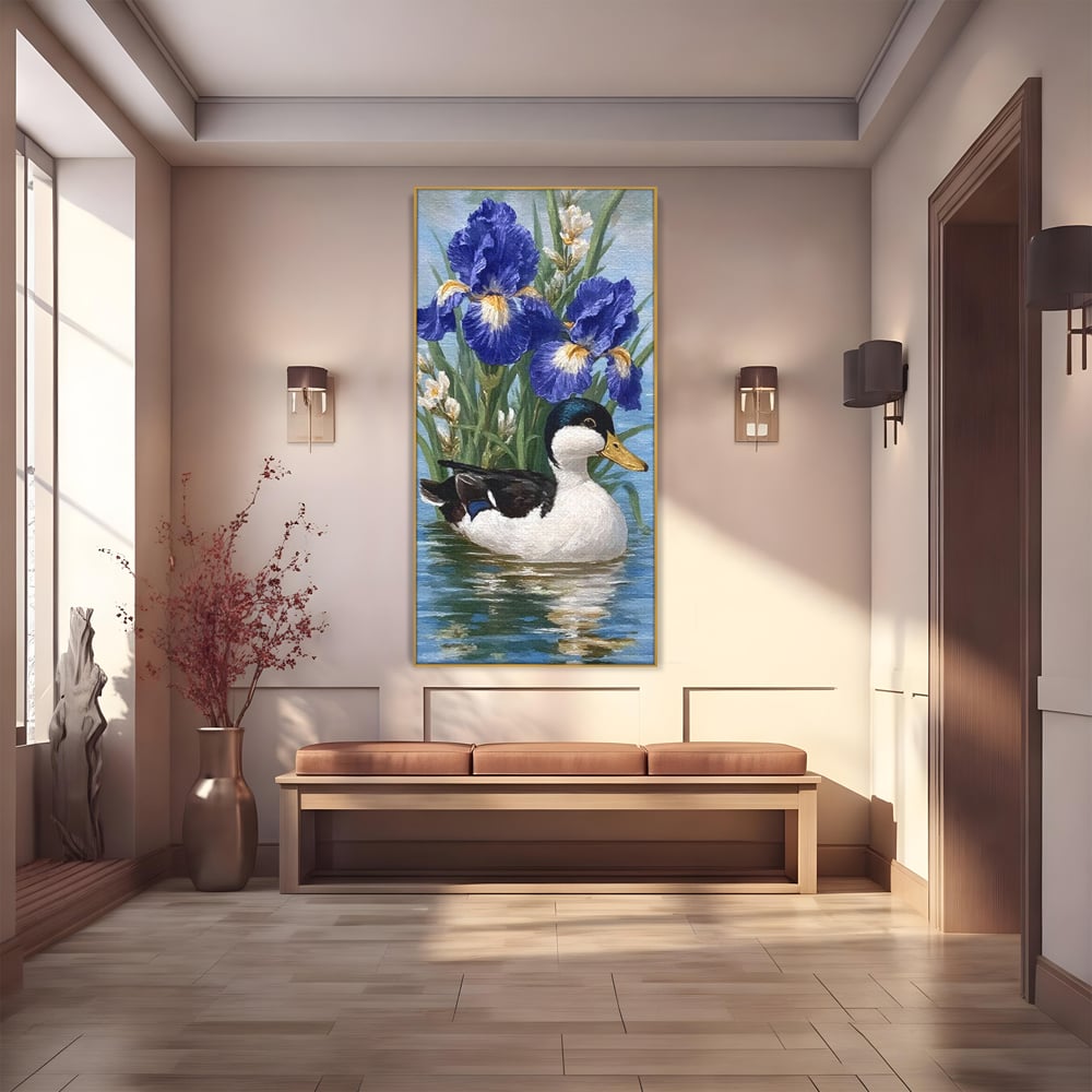 Leinwand Premium Canvas Wall Art, LuxCanva® M1119, Iris Kranz, Ente, Iris, Vogel, Blumen, See, Wasser, Violett, Frühling, Natur, Malerei, Aquarell, Blätter, Büro, Wohnen, Kinderzimmer