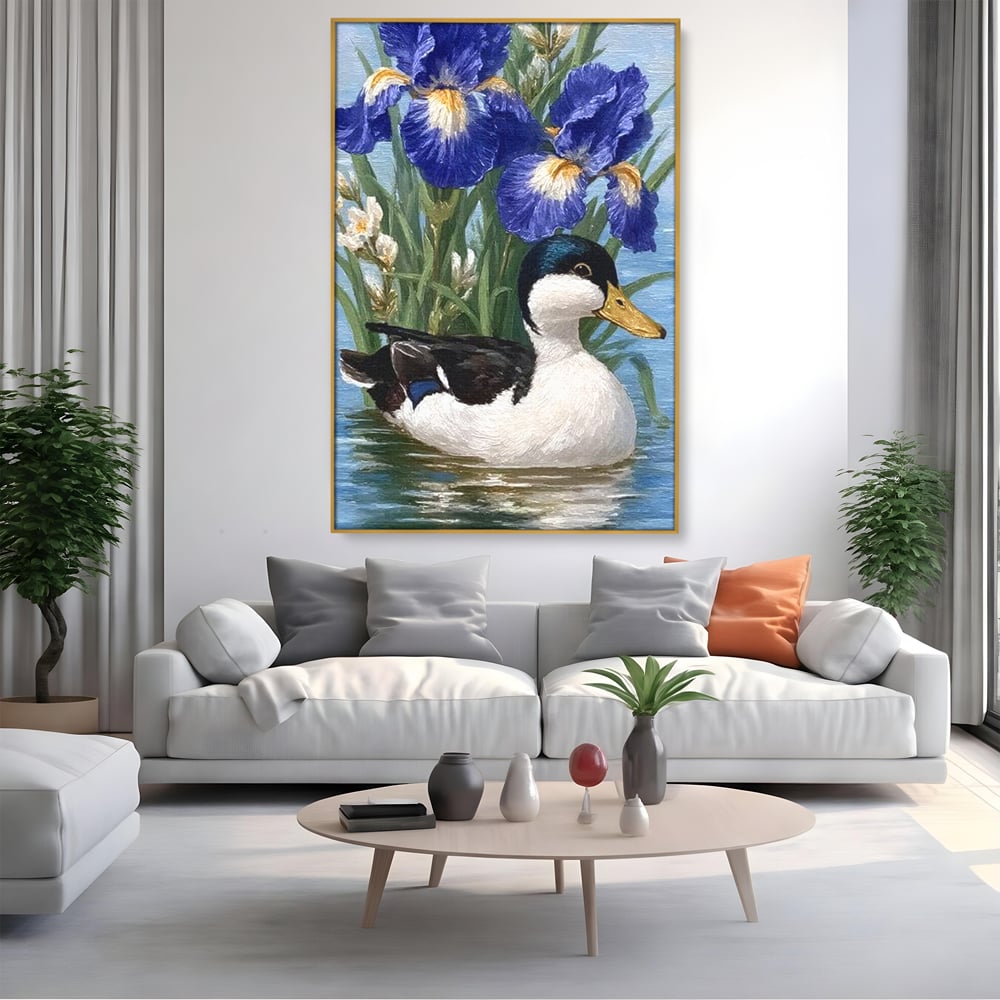 Leinwand Premium Canvas Wall Art, LuxCanva® M1119, Iris Kranz, Ente, Iris, Vogel, Blumen, See, Wasser, Violett, Frühling, Natur, Malerei, Aquarell, Blätter, Büro, Wohnen, Kinderzimmer