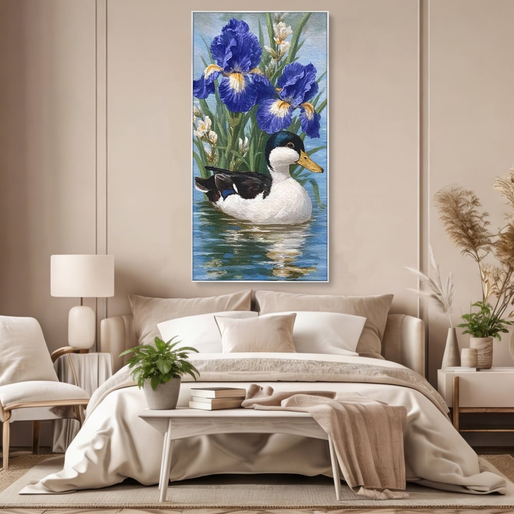 Leinwand Premium Canvas Wall Art, LuxCanva® M1119, Iris Kranz, Ente, Iris, Vogel, Blumen, See, Wasser, Violett, Frühling, Natur, Malerei, Aquarell, Blätter, Büro, Wohnen, Kinderzimmer