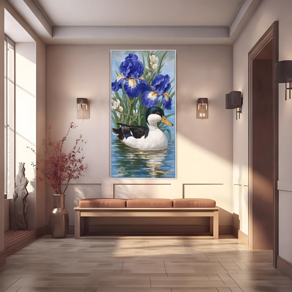 Leinwand Premium Canvas Wall Art, LuxCanva® M1119, Iris Kranz, Ente, Iris, Vogel, Blumen, See, Wasser, Violett, Frühling, Natur, Malerei, Aquarell, Blätter, Büro, Wohnen, Kinderzimmer