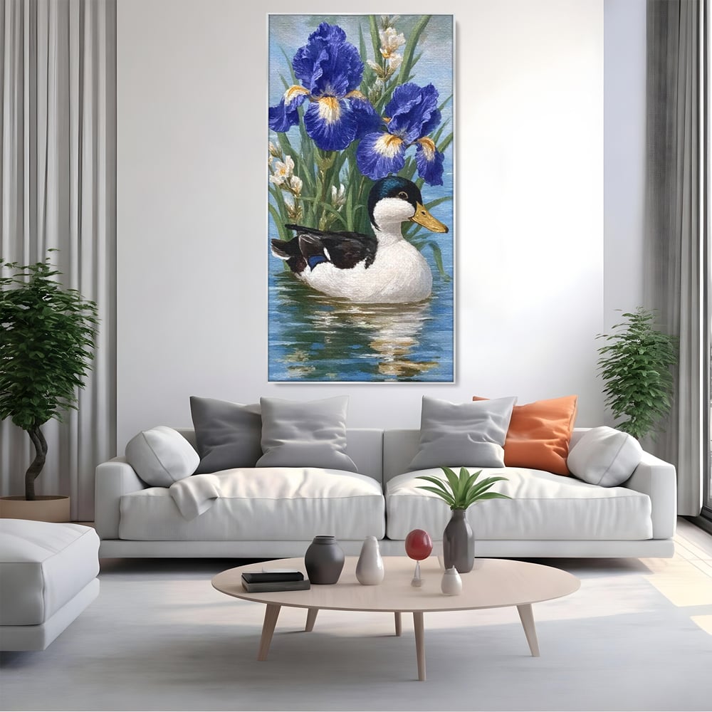 Leinwand Premium Canvas Wall Art, LuxCanva® M1119, Iris Kranz, Ente, Iris, Vogel, Blumen, See, Wasser, Violett, Frühling, Natur, Malerei, Aquarell, Blätter, Büro, Wohnen, Kinderzimmer