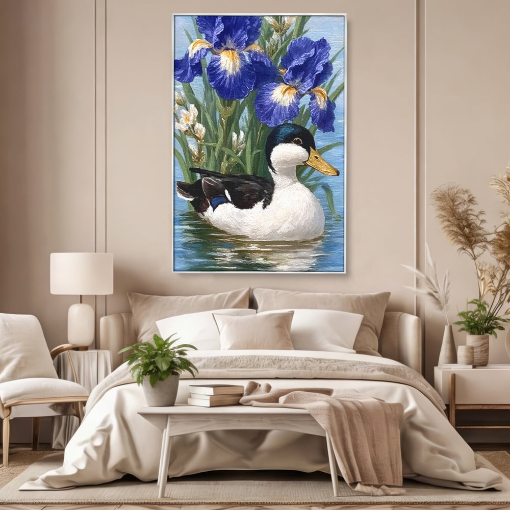 Leinwand Premium Canvas Wall Art, LuxCanva® M1119, Iris Kranz, Ente, Iris, Vogel, Blumen, See, Wasser, Violett, Frühling, Natur, Malerei, Aquarell, Blätter, Büro, Wohnen, Kinderzimmer