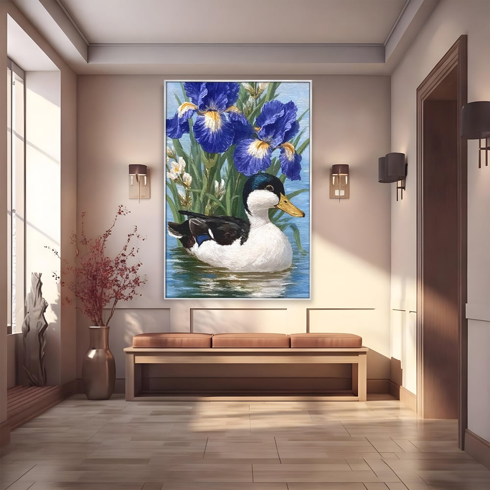 Leinwand Premium Canvas Wall Art, LuxCanva® M1119, Iris Kranz, Ente, Iris, Vogel, Blumen, See, Wasser, Violett, Frühling, Natur, Malerei, Aquarell, Blätter, Büro, Wohnen, Kinderzimmer