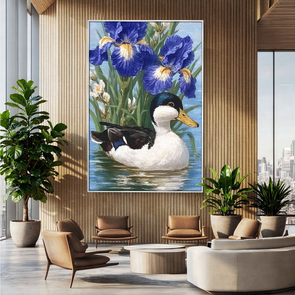 Leinwand Premium Canvas Wall Art, LuxCanva® M1119, Iris Kranz, Ente, Iris, Vogel, Blumen, See, Wasser, Violett, Frühling, Natur, Malerei, Aquarell, Blätter, Büro, Wohnen, Kinderzimmer