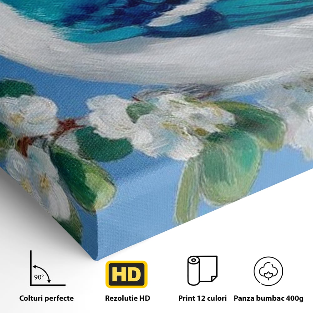 Leinwand Wandkunst Canvas Premium, LuxCanva® M1120, Frühlingszeuge, Frühling, Zweig, Laub, Natur, Vogel, Blütenblätter, Pastell, Pastell, Weiß, entspannend, gelassen, Büro, Wohnen, Kinderzimmer