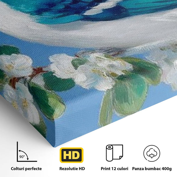 Leinwand Wandkunst Canvas Premium, LuxCanva® M1120, Frühlingszeuge, Frühling, Zweig, Laub, Natur, Vogel, Blütenblätter, Pastell, Pastell, Weiß, entspannend, gelassen, Büro, Wohnen, Kinderzimmer
