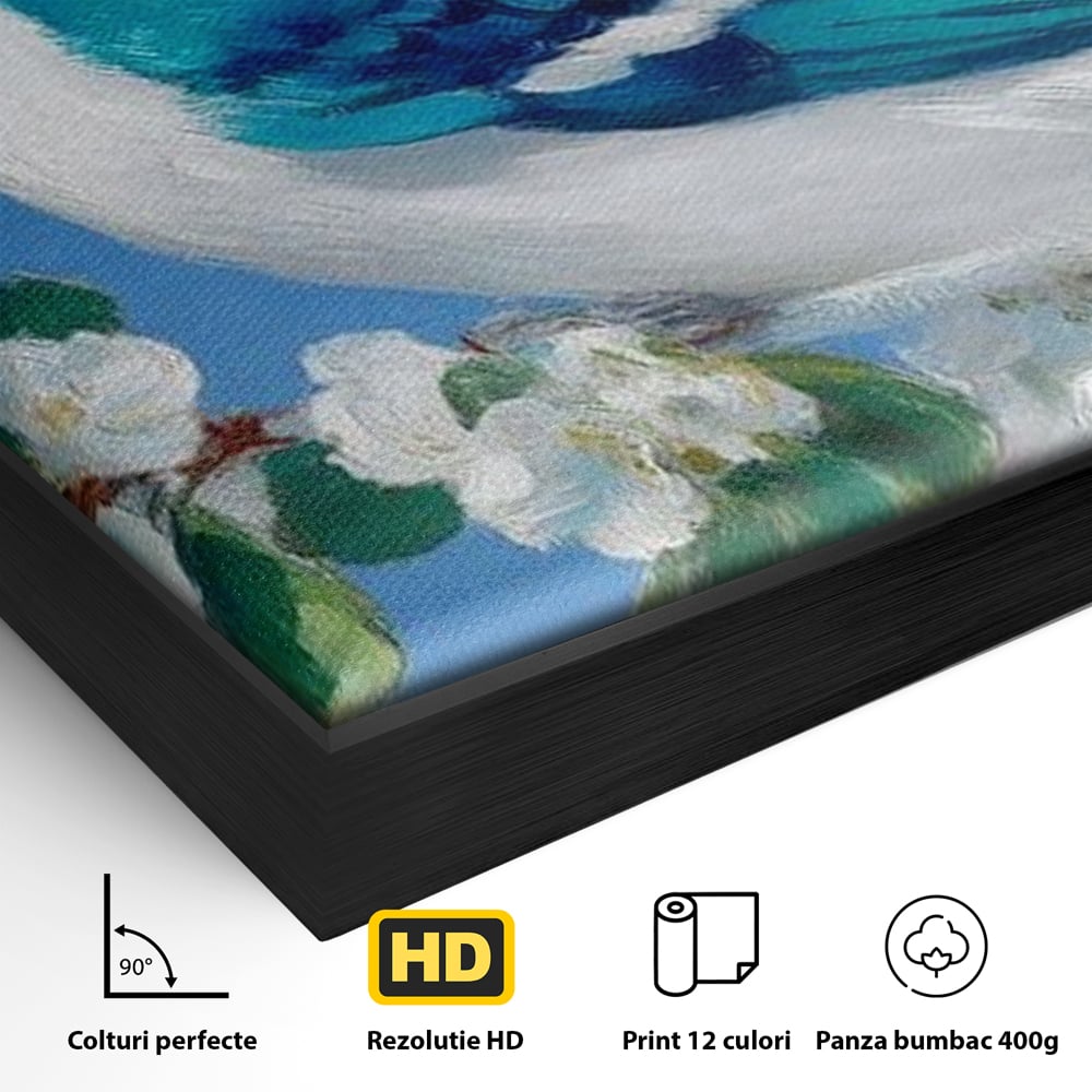 Leinwand Wandkunst Canvas Premium, LuxCanva® M1120, Frühlingszeuge, Frühling, Zweig, Laub, Natur, Vogel, Blütenblätter, Pastell, Pastell, Weiß, entspannend, gelassen, Büro, Wohnen, Kinderzimmer