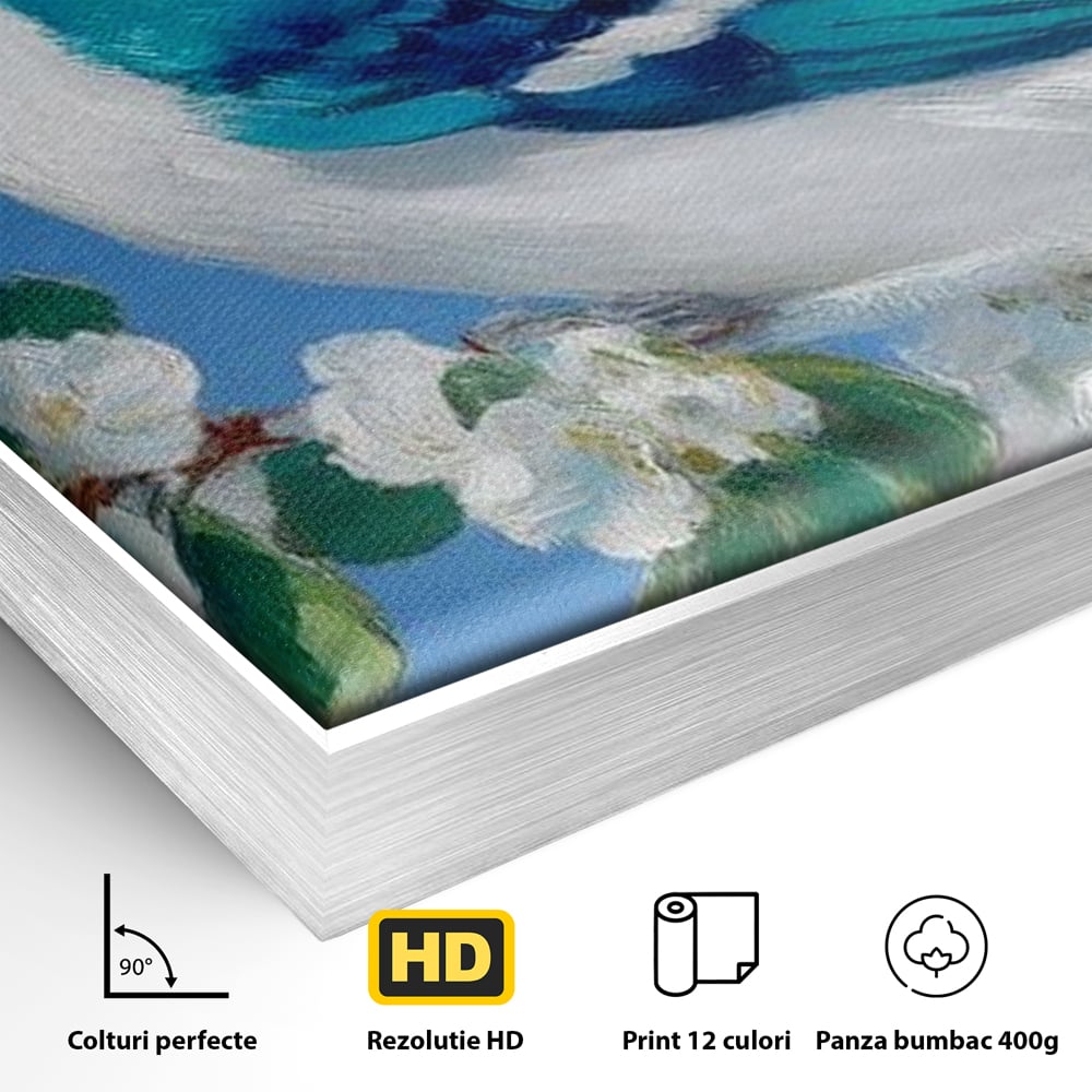 Leinwand Wandkunst Canvas Premium, LuxCanva® M1120, Frühlingszeuge, Frühling, Zweig, Laub, Natur, Vogel, Blütenblätter, Pastell, Pastell, Weiß, entspannend, gelassen, Büro, Wohnen, Kinderzimmer