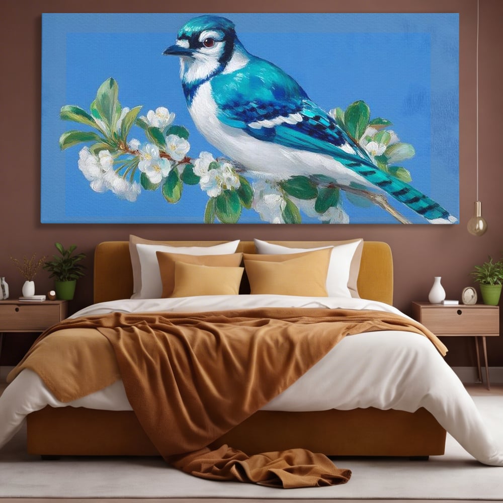 Leinwand Wandkunst Canvas Premium, LuxCanva® M1120, Frühlingszeuge, Frühling, Zweig, Laub, Natur, Vogel, Blütenblätter, Pastell, Pastell, Weiß, entspannend, gelassen, Büro, Wohnen, Kinderzimmer