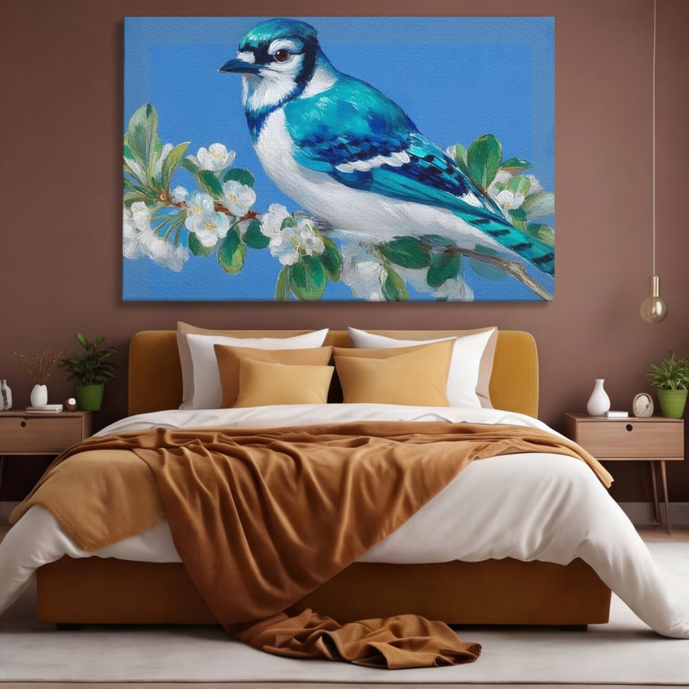Leinwand Wandkunst Canvas Premium, LuxCanva® M1120, Frühlingszeuge, Frühling, Zweig, Laub, Natur, Vogel, Blütenblätter, Pastell, Pastell, Weiß, entspannend, gelassen, Büro, Wohnen, Kinderzimmer