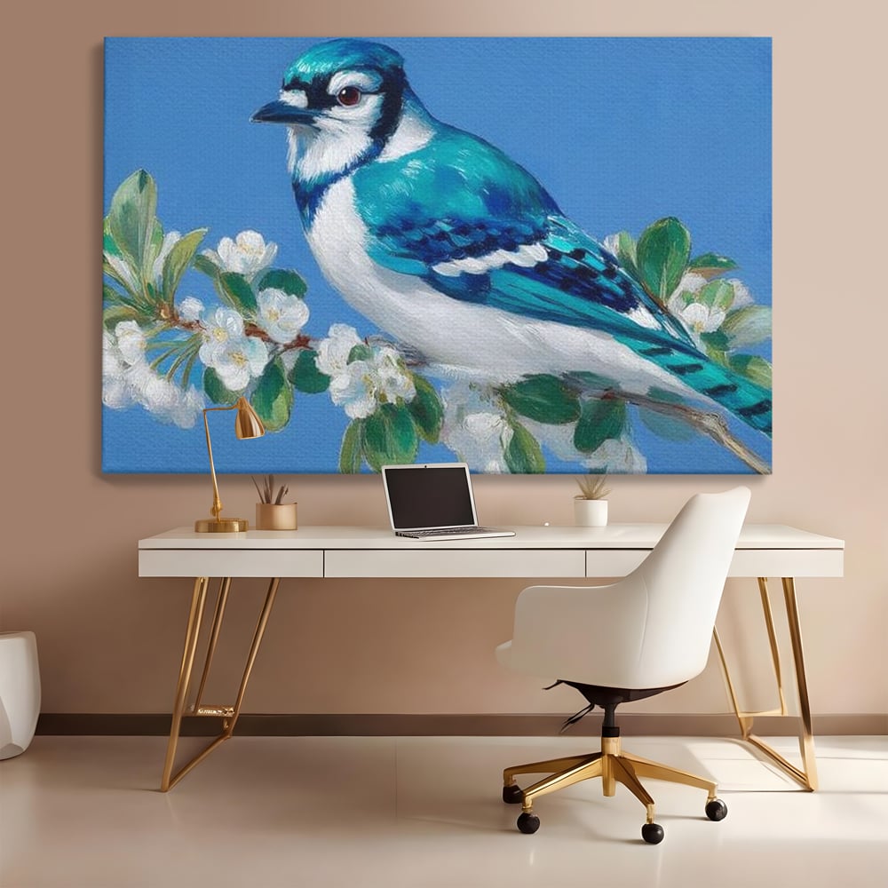 Leinwand Wandkunst Canvas Premium, LuxCanva® M1120, Frühlingszeuge, Frühling, Zweig, Laub, Natur, Vogel, Blütenblätter, Pastell, Pastell, Weiß, entspannend, gelassen, Büro, Wohnen, Kinderzimmer