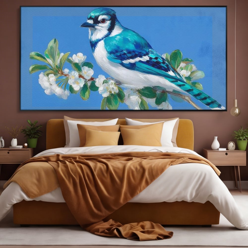 Leinwand Wandkunst Canvas Premium, LuxCanva® M1120, Frühlingszeuge, Frühling, Zweig, Laub, Natur, Vogel, Blütenblätter, Pastell, Pastell, Weiß, entspannend, gelassen, Büro, Wohnen, Kinderzimmer