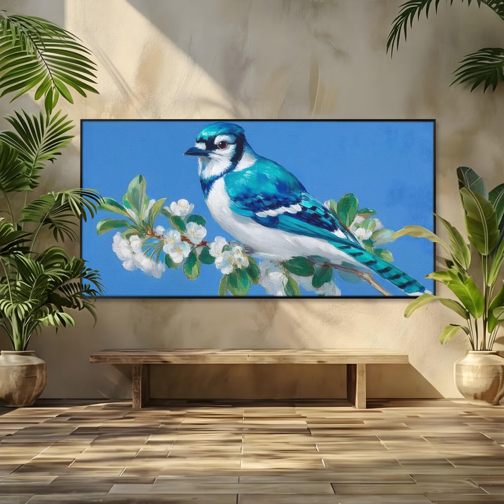 Leinwand Wandkunst Canvas Premium, LuxCanva® M1120, Frühlingszeuge, Frühling, Zweig, Laub, Natur, Vogel, Blütenblätter, Pastell, Pastell, Weiß, entspannend, gelassen, Büro, Wohnen, Kinderzimmer