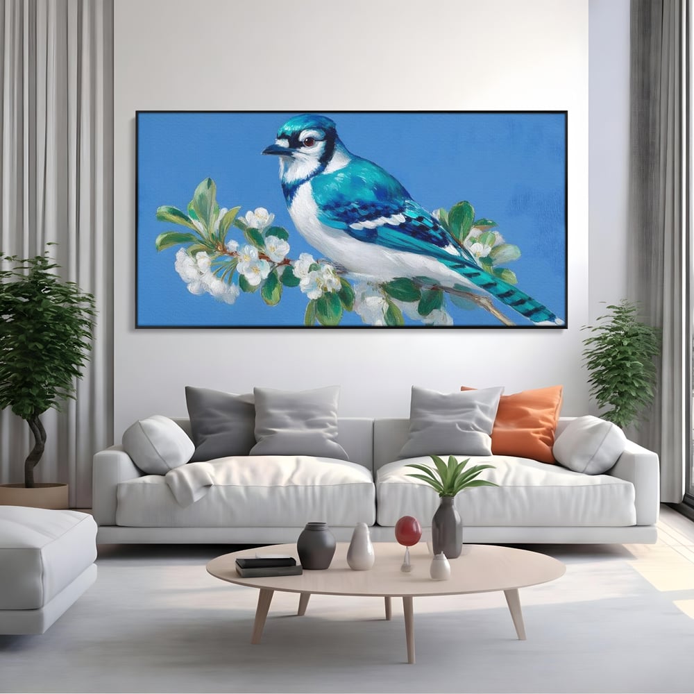 Leinwand Wandkunst Canvas Premium, LuxCanva® M1120, Frühlingszeuge, Frühling, Zweig, Laub, Natur, Vogel, Blütenblätter, Pastell, Pastell, Weiß, entspannend, gelassen, Büro, Wohnen, Kinderzimmer
