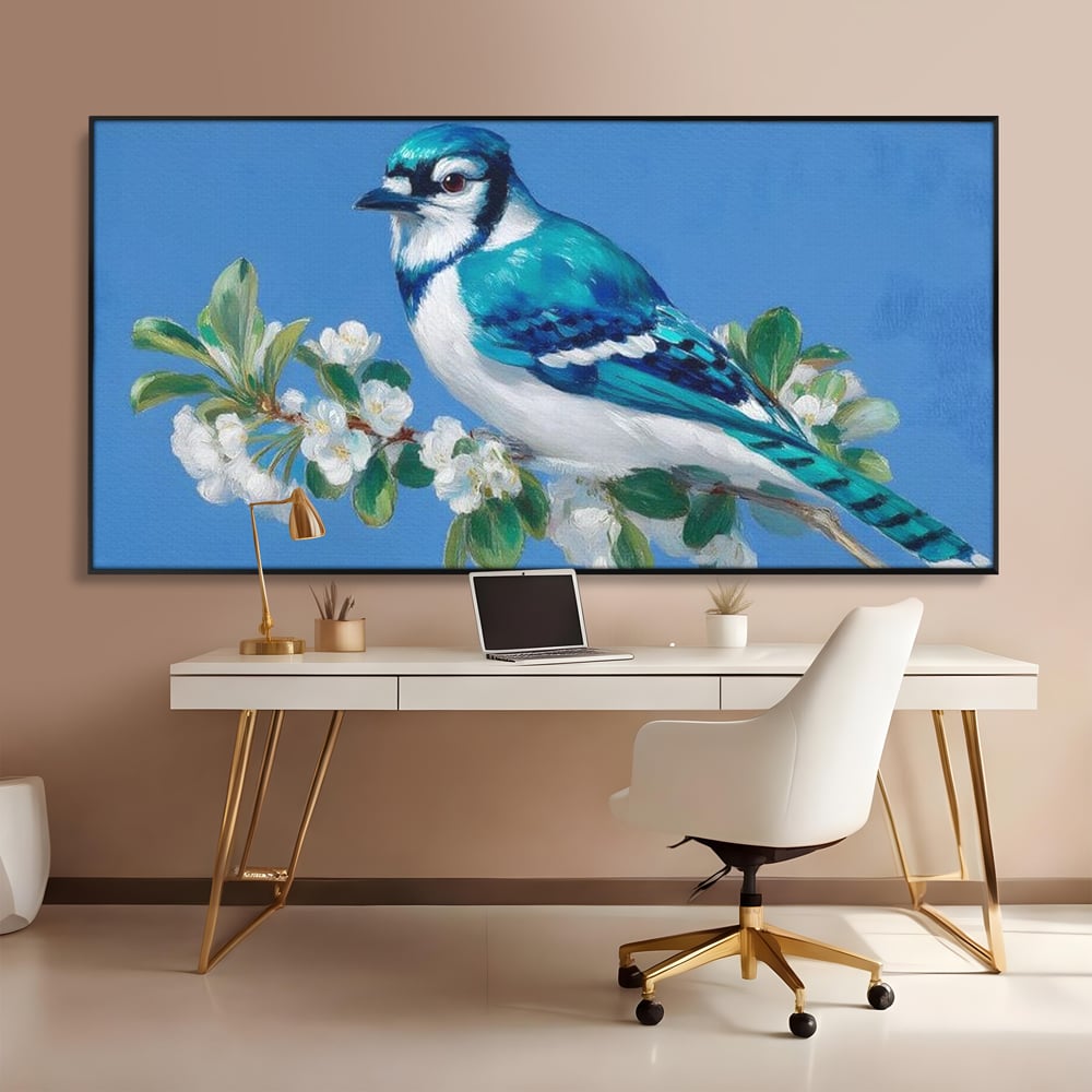 Leinwand Wandkunst Canvas Premium, LuxCanva® M1120, Frühlingszeuge, Frühling, Zweig, Laub, Natur, Vogel, Blütenblätter, Pastell, Pastell, Weiß, entspannend, gelassen, Büro, Wohnen, Kinderzimmer