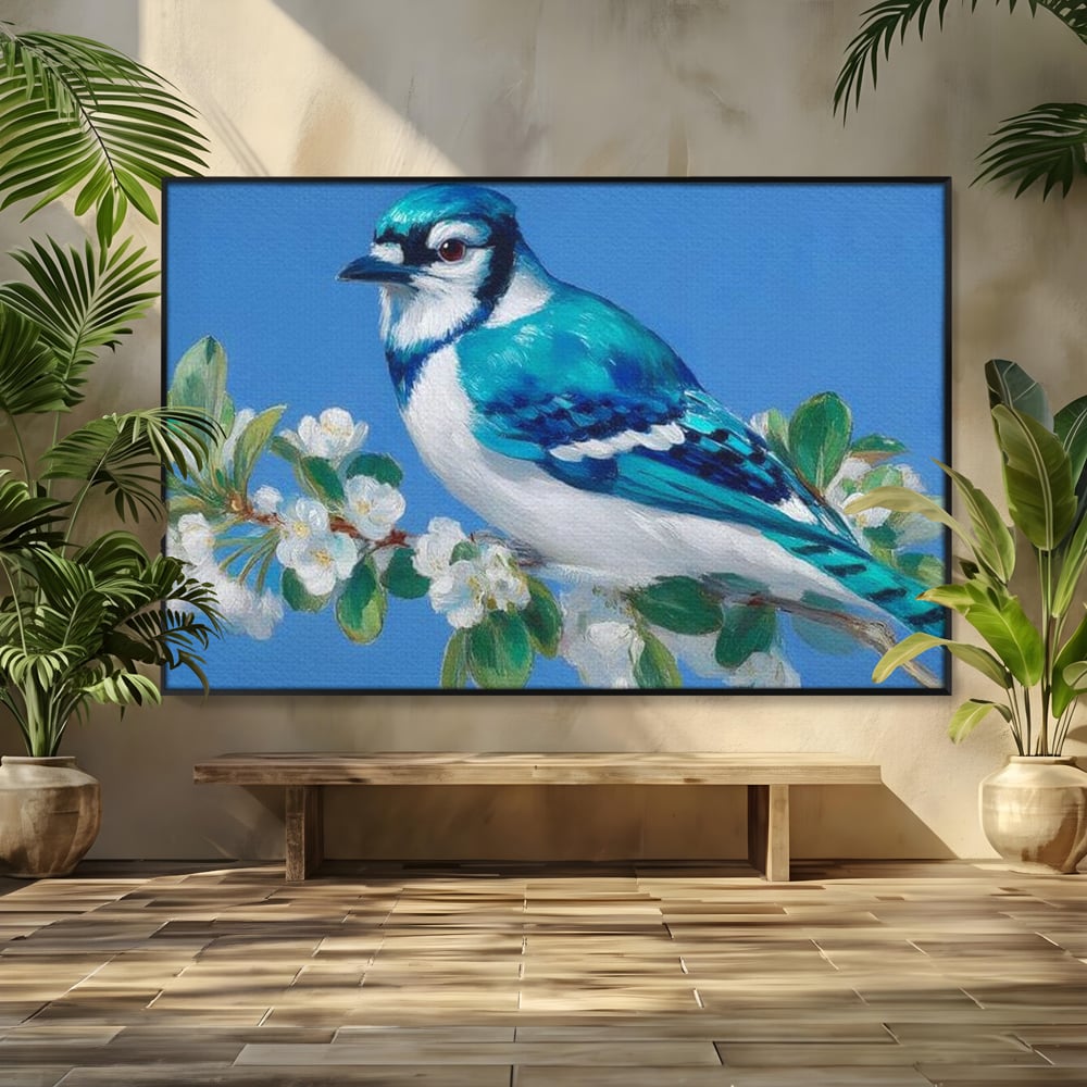 Leinwand Wandkunst Canvas Premium, LuxCanva® M1120, Frühlingszeuge, Frühling, Zweig, Laub, Natur, Vogel, Blütenblätter, Pastell, Pastell, Weiß, entspannend, gelassen, Büro, Wohnen, Kinderzimmer