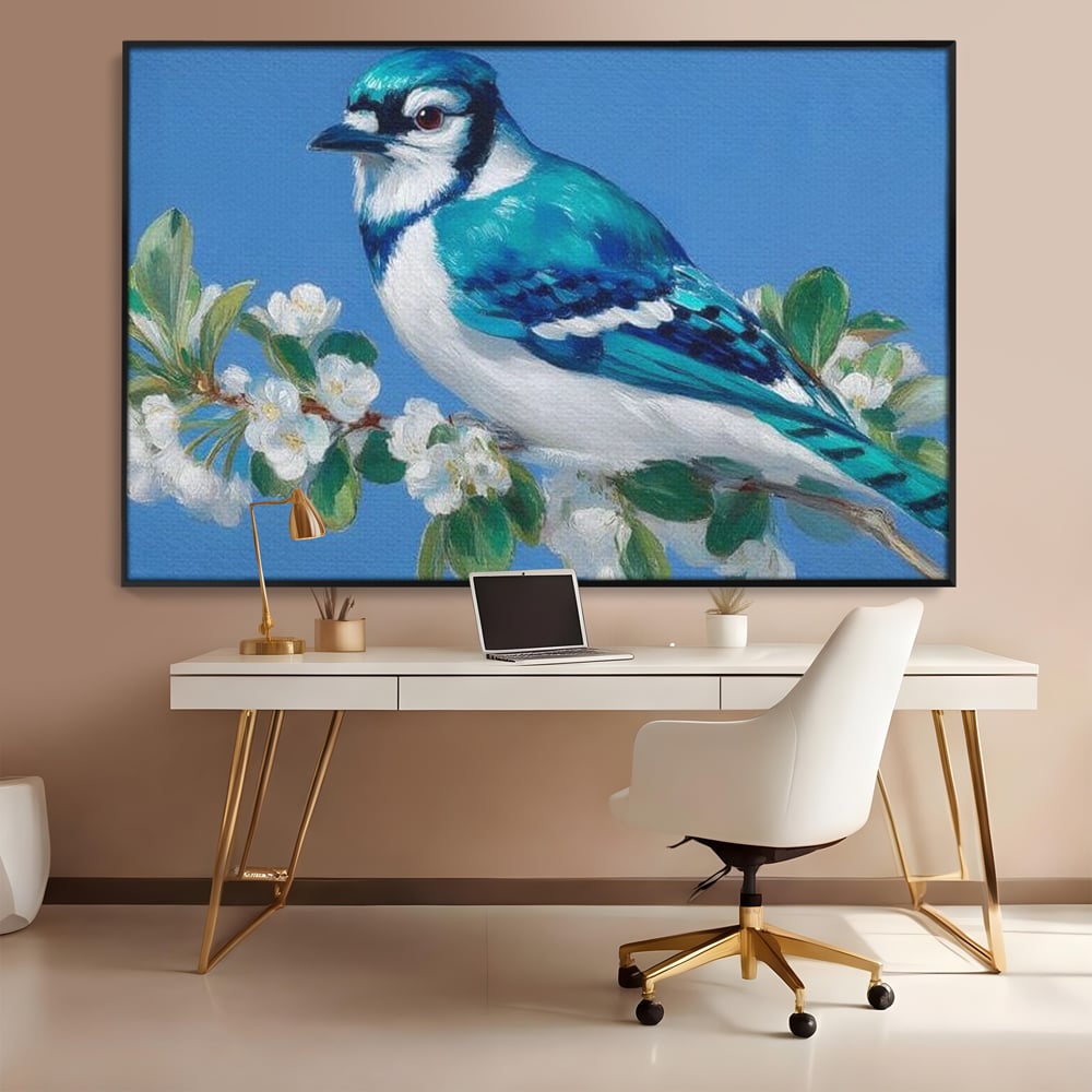 Leinwand Wandkunst Canvas Premium, LuxCanva® M1120, Frühlingszeuge, Frühling, Zweig, Laub, Natur, Vogel, Blütenblätter, Pastell, Pastell, Weiß, entspannend, gelassen, Büro, Wohnen, Kinderzimmer
