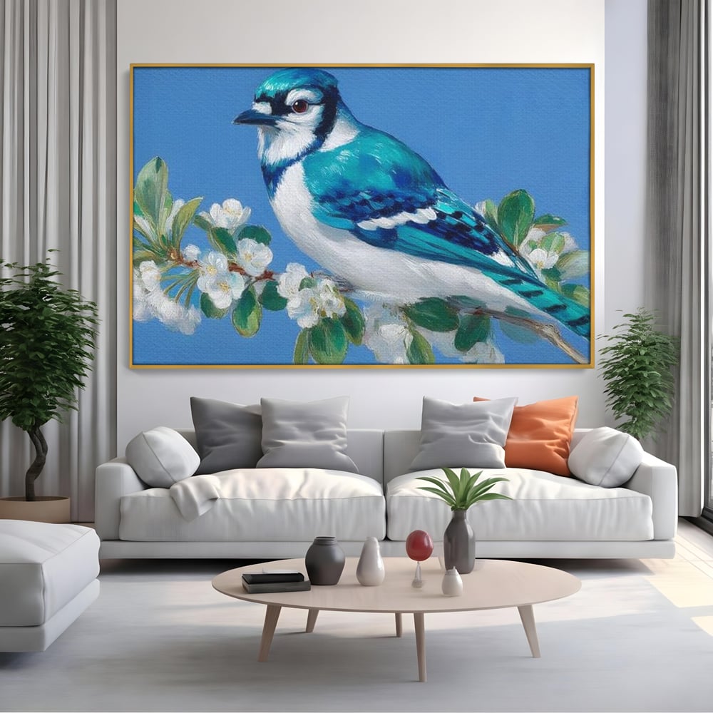 Leinwand Wandkunst Canvas Premium, LuxCanva® M1120, Frühlingszeuge, Frühling, Zweig, Laub, Natur, Vogel, Blütenblätter, Pastell, Pastell, Weiß, entspannend, gelassen, Büro, Wohnen, Kinderzimmer