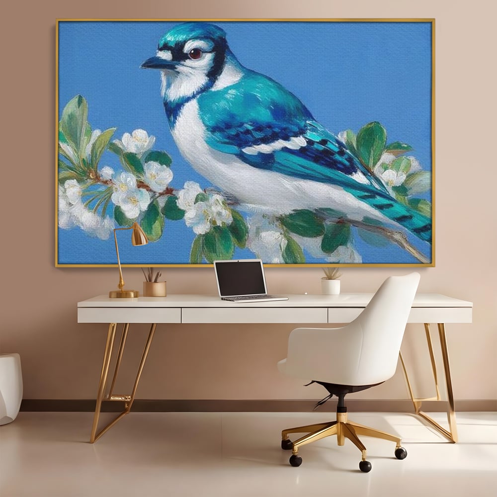 Leinwand Wandkunst Canvas Premium, LuxCanva® M1120, Frühlingszeuge, Frühling, Zweig, Laub, Natur, Vogel, Blütenblätter, Pastell, Pastell, Weiß, entspannend, gelassen, Büro, Wohnen, Kinderzimmer