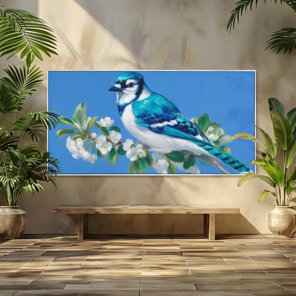 Leinwand Wandkunst Canvas Premium, LuxCanva® M1120, Frühlingszeuge, Frühling, Zweig, Laub, Natur, Vogel, Blütenblätter, Pastell, Pastell, Weiß, entspannend, gelassen, Büro, Wohnen, Kinderzimmer