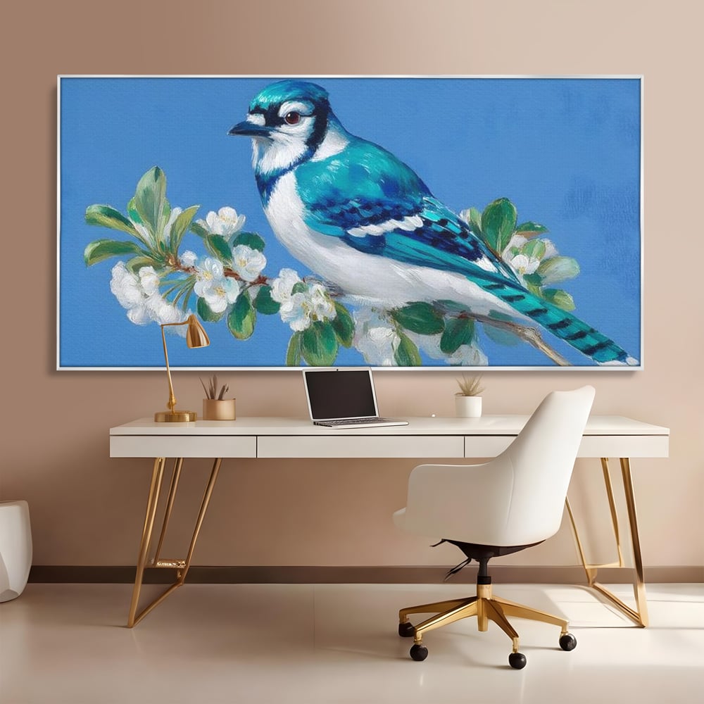 Leinwand Wandkunst Canvas Premium, LuxCanva® M1120, Frühlingszeuge, Frühling, Zweig, Laub, Natur, Vogel, Blütenblätter, Pastell, Pastell, Weiß, entspannend, gelassen, Büro, Wohnen, Kinderzimmer