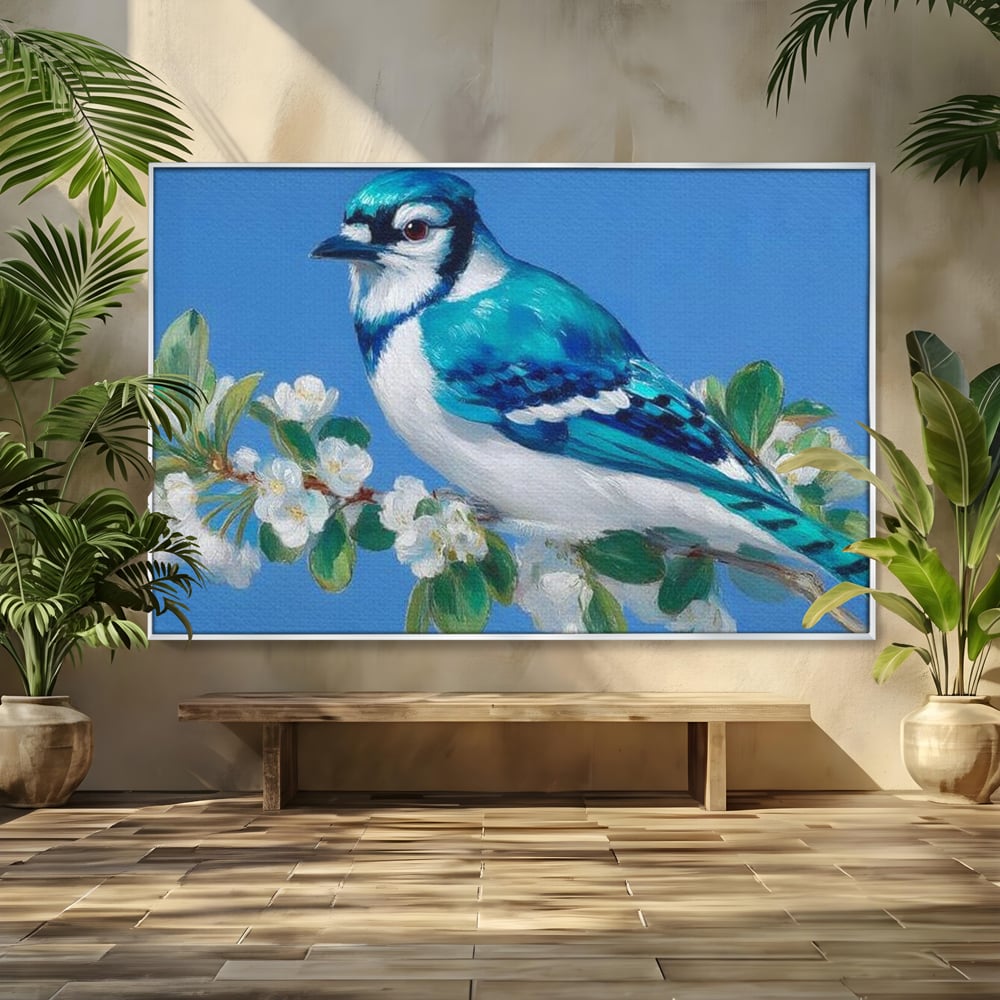 Leinwand Wandkunst Canvas Premium, LuxCanva® M1120, Frühlingszeuge, Frühling, Zweig, Laub, Natur, Vogel, Blütenblätter, Pastell, Pastell, Weiß, entspannend, gelassen, Büro, Wohnen, Kinderzimmer