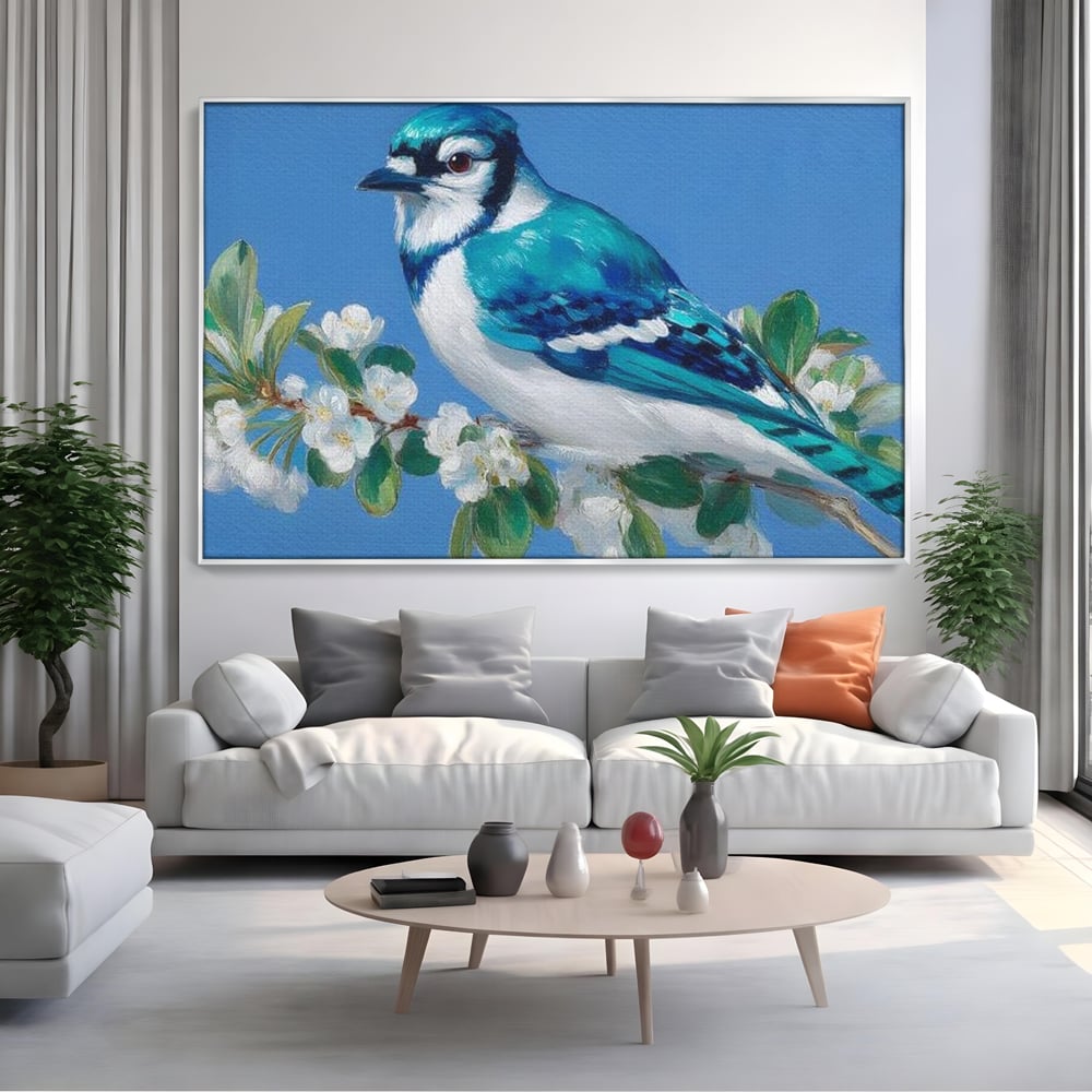 Leinwand Wandkunst Canvas Premium, LuxCanva® M1120, Frühlingszeuge, Frühling, Zweig, Laub, Natur, Vogel, Blütenblätter, Pastell, Pastell, Weiß, entspannend, gelassen, Büro, Wohnen, Kinderzimmer
