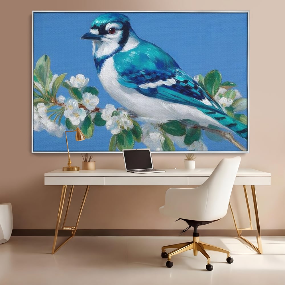 Leinwand Wandkunst Canvas Premium, LuxCanva® M1120, Frühlingszeuge, Frühling, Zweig, Laub, Natur, Vogel, Blütenblätter, Pastell, Pastell, Weiß, entspannend, gelassen, Büro, Wohnen, Kinderzimmer