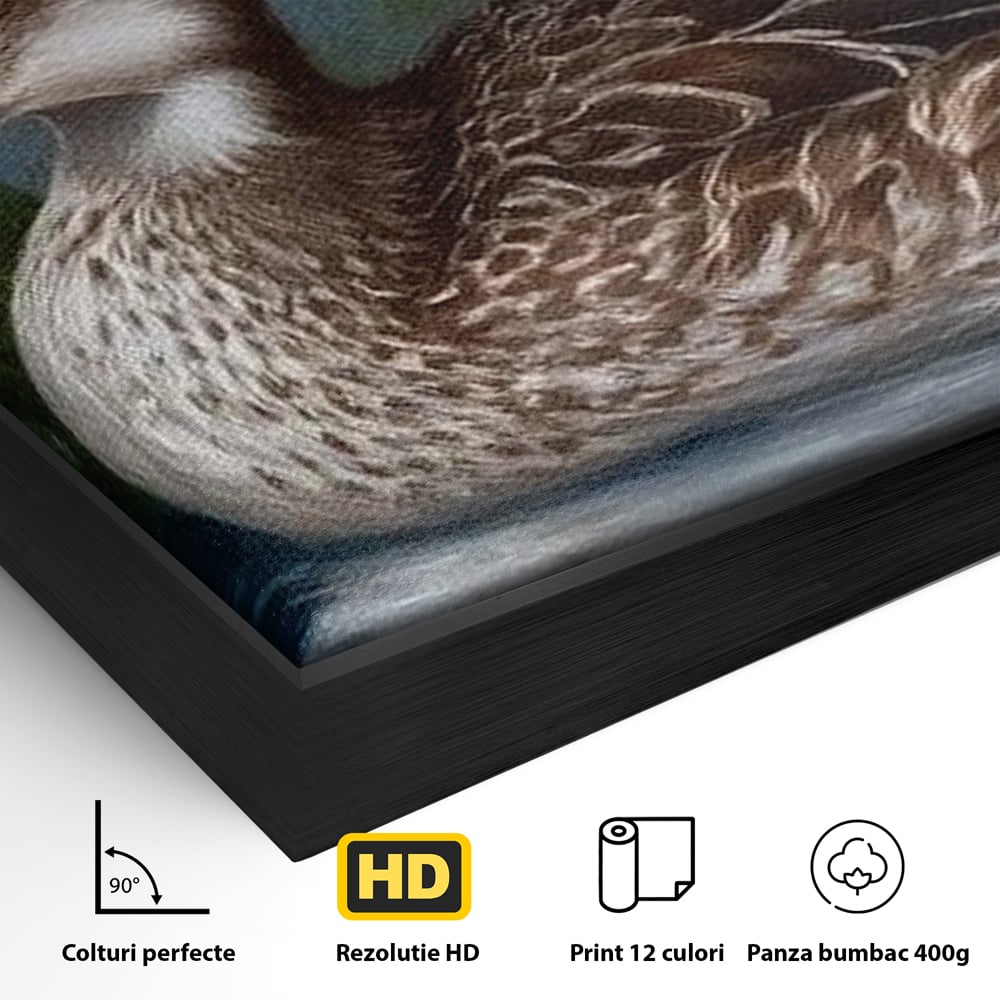 Tablou Canvas Premium, LuxCanva® M1121, Imbratisarea Crinilor, Rata, Apa, Crini, Flori, Pasare, Frunzis, Lac, Delta, Pictura, Liniste, Relaxare, Birou, Living, Camera Copil