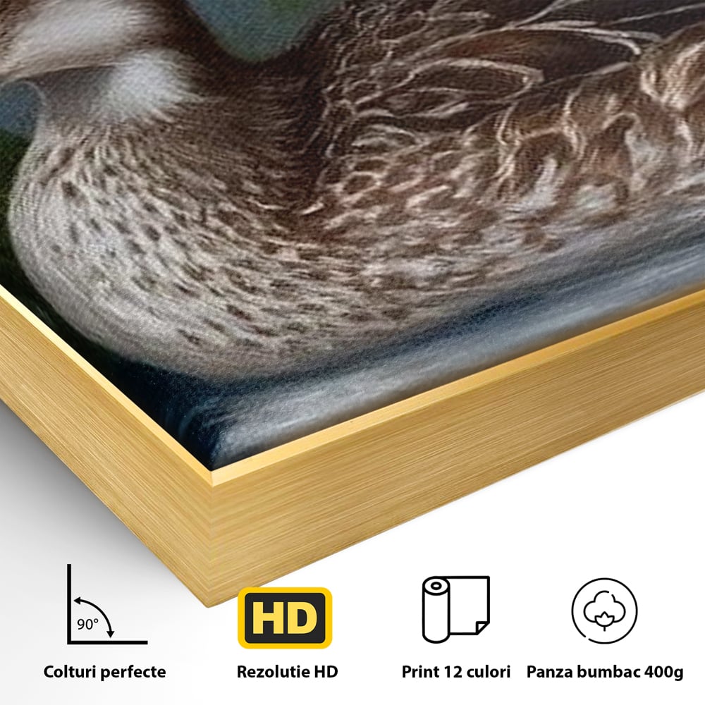 Tablou Canvas Premium, LuxCanva® M1121, Imbratisarea Crinilor, Rata, Apa, Crini, Flori, Pasare, Frunzis, Lac, Delta, Pictura, Liniste, Relaxare, Birou, Living, Camera Copil
