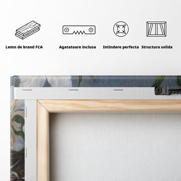 Tablou Canvas Premium, LuxCanva® M1121, Imbratisarea Crinilor, Rata, Apa, Crini, Flori, Pasare, Frunzis, Lac, Delta, Pictura, Liniste, Relaxare, Birou, Living, Camera Copil
