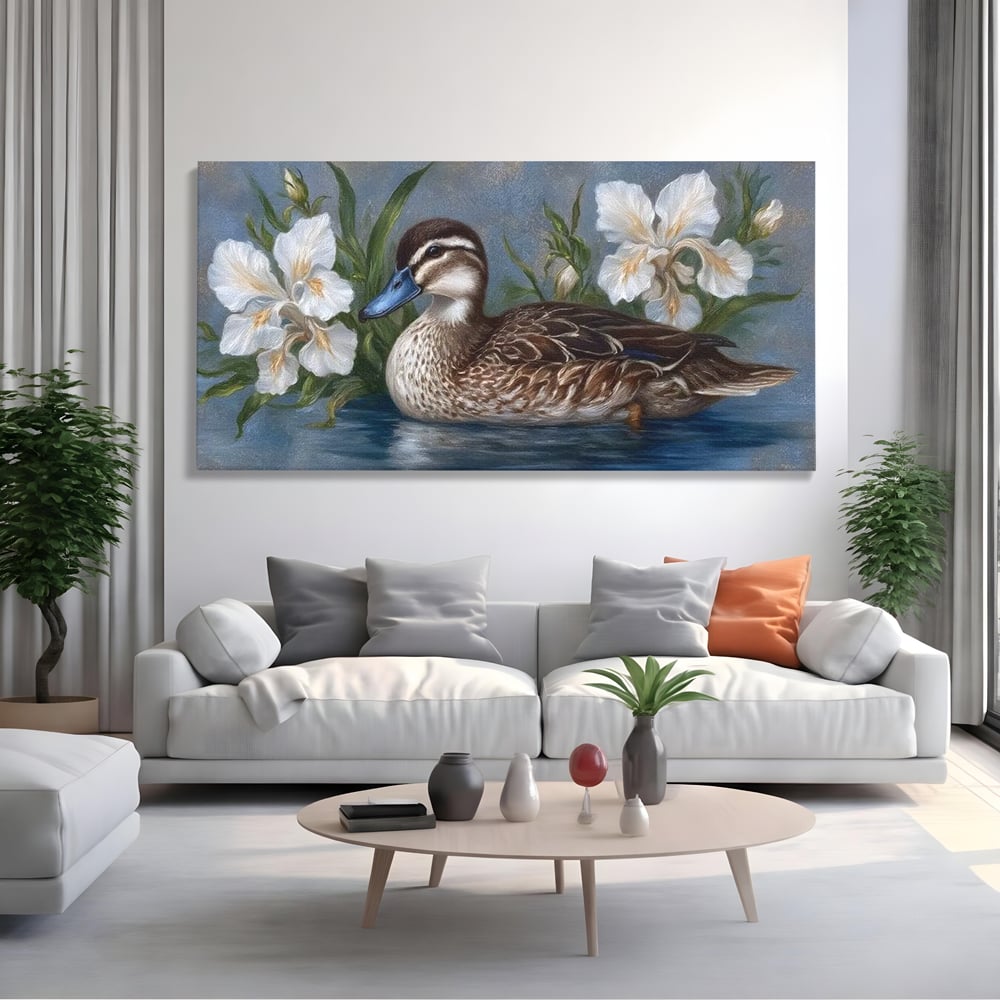 Tablou Canvas Premium, LuxCanva® M1121, Imbratisarea Crinilor, Rata, Apa, Crini, Flori, Pasare, Frunzis, Lac, Delta, Pictura, Liniste, Relaxare, Birou, Living, Camera Copil