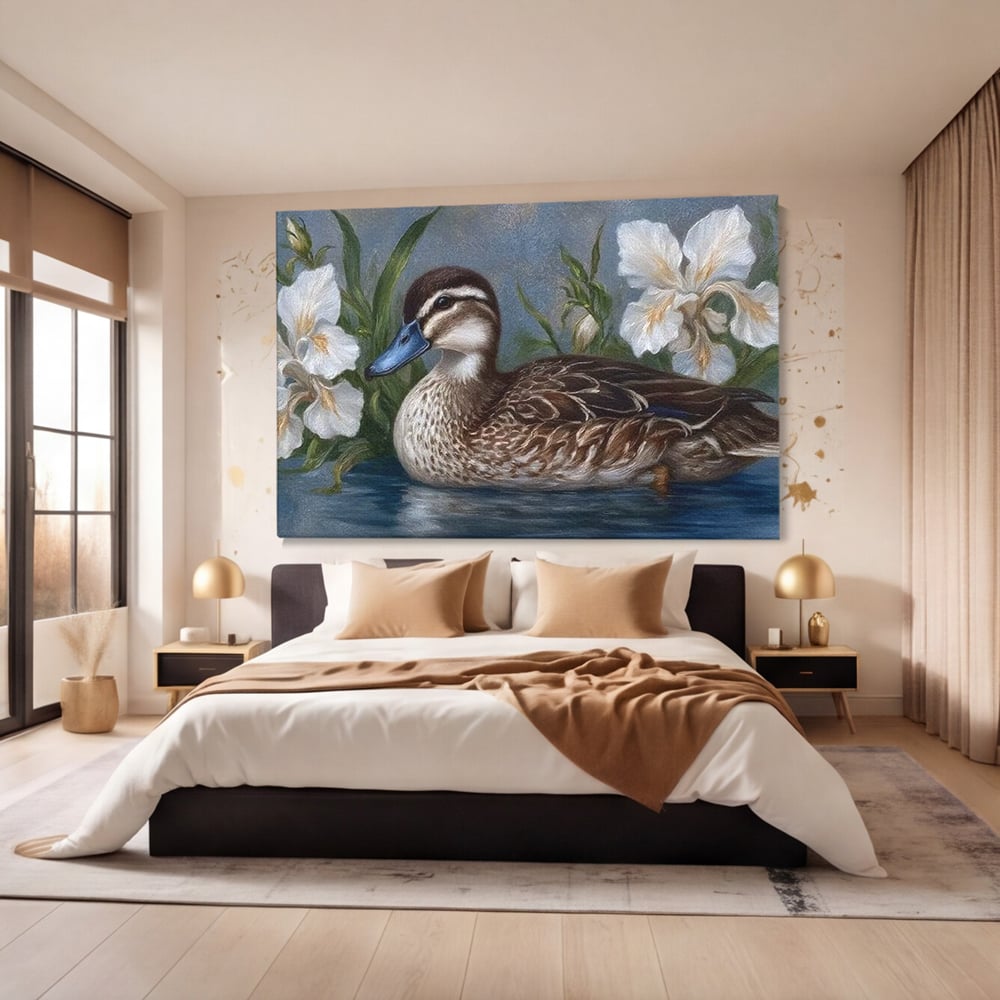 Tablou Canvas Premium, LuxCanva® M1121, Imbratisarea Crinilor, Rata, Apa, Crini, Flori, Pasare, Frunzis, Lac, Delta, Pictura, Liniste, Relaxare, Birou, Living, Camera Copil
