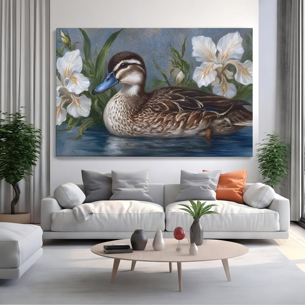 Tablou Canvas Premium, LuxCanva® M1121, Imbratisarea Crinilor, Rata, Apa, Crini, Flori, Pasare, Frunzis, Lac, Delta, Pictura, Liniste, Relaxare, Birou, Living, Camera Copil