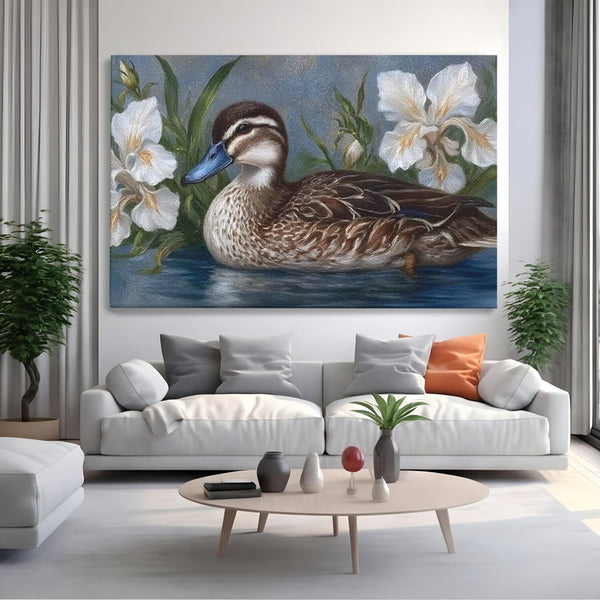 Tablou Canvas Premium, LuxCanva® M1121, Imbratisarea Crinilor, Rata, Apa, Crini, Flori, Pasare, Frunzis, Lac, Delta, Pictura, Liniste, Relaxare, Birou, Living, Camera Copil