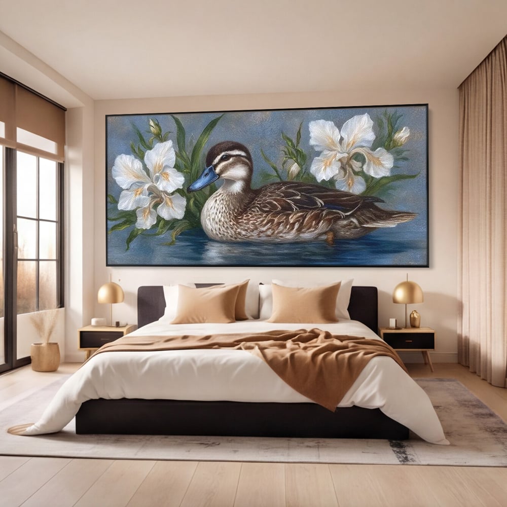 Tablou Canvas Premium, LuxCanva® M1121, Imbratisarea Crinilor, Rata, Apa, Crini, Flori, Pasare, Frunzis, Lac, Delta, Pictura, Liniste, Relaxare, Birou, Living, Camera Copil