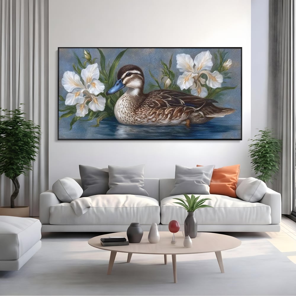 Tablou Canvas Premium, LuxCanva® M1121, Imbratisarea Crinilor, Rata, Apa, Crini, Flori, Pasare, Frunzis, Lac, Delta, Pictura, Liniste, Relaxare, Birou, Living, Camera Copil