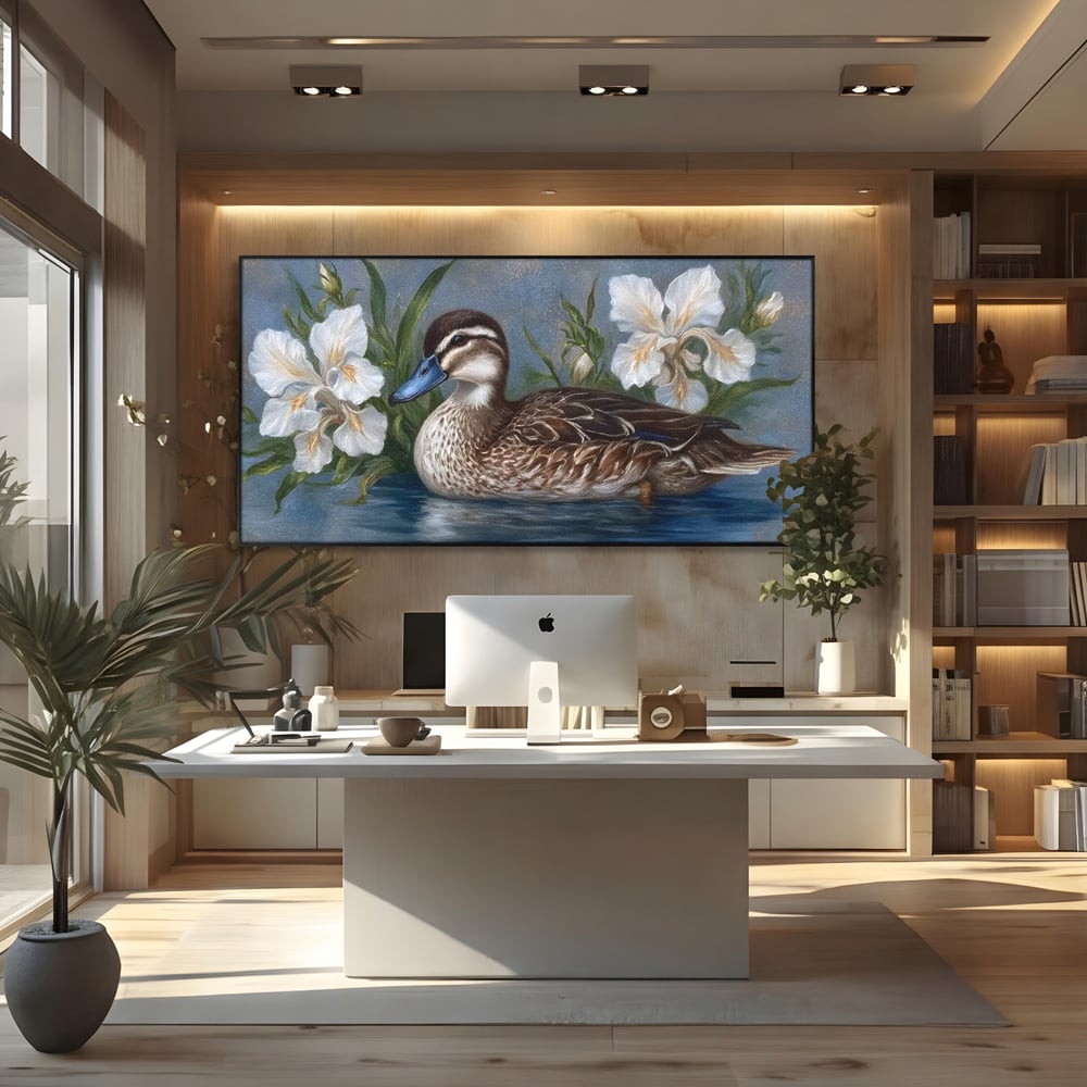 Tablou Canvas Premium, LuxCanva® M1121, Imbratisarea Crinilor, Rata, Apa, Crini, Flori, Pasare, Frunzis, Lac, Delta, Pictura, Liniste, Relaxare, Birou, Living, Camera Copil