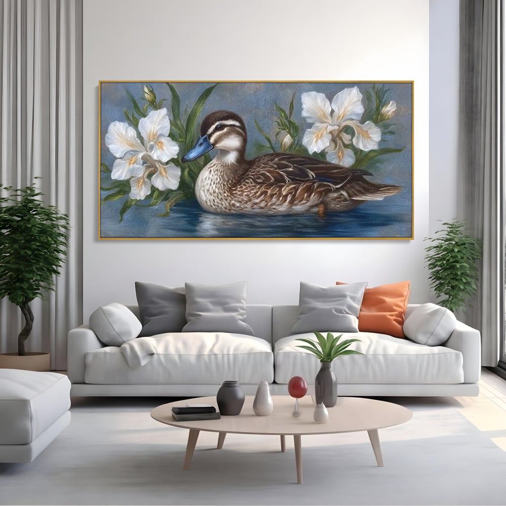Tablou Canvas Premium, LuxCanva® M1121, Imbratisarea Crinilor, Rata, Apa, Crini, Flori, Pasare, Frunzis, Lac, Delta, Pictura, Liniste, Relaxare, Birou, Living, Camera Copil