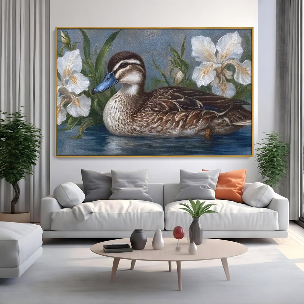 Tablou Canvas Premium, LuxCanva® M1121, Imbratisarea Crinilor, Rata, Apa, Crini, Flori, Pasare, Frunzis, Lac, Delta, Pictura, Liniste, Relaxare, Birou, Living, Camera Copil