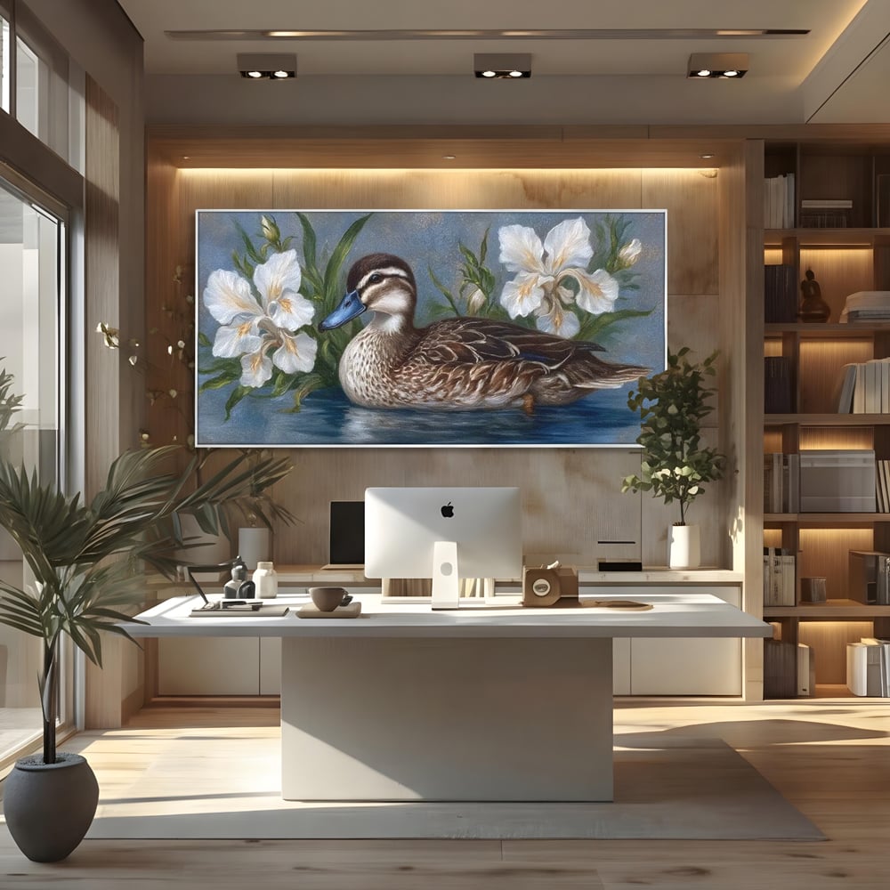 Tablou Canvas Premium, LuxCanva® M1121, Imbratisarea Crinilor, Rata, Apa, Crini, Flori, Pasare, Frunzis, Lac, Delta, Pictura, Liniste, Relaxare, Birou, Living, Camera Copil