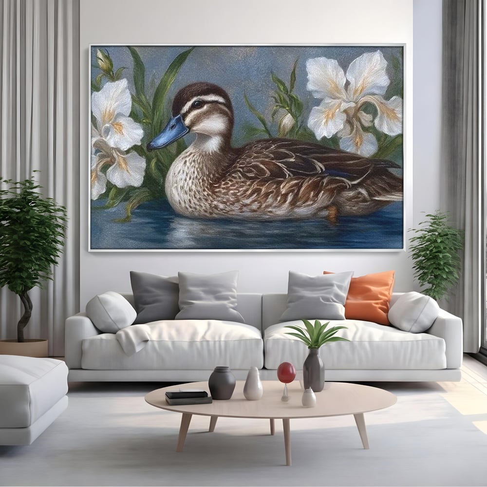 Tablou Canvas Premium, LuxCanva® M1121, Imbratisarea Crinilor, Rata, Apa, Crini, Flori, Pasare, Frunzis, Lac, Delta, Pictura, Liniste, Relaxare, Birou, Living, Camera Copil