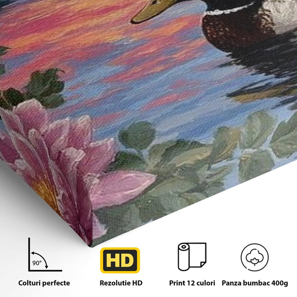 Tablou Canvas Premium, LuxCanva® M1122, Poem de Seara, Nufar, Apus, Lac, Apa, Violet, Rata, Pasare, Vegetatie, Copaci, Pastel, Seara, Relaxare, Birou, Living, Camera Copil