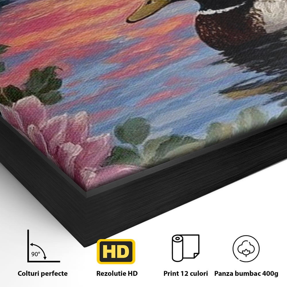 Tablou Canvas Premium, LuxCanva® M1122, Poem de Seara, Nufar, Apus, Lac, Apa, Violet, Rata, Pasare, Vegetatie, Copaci, Pastel, Seara, Relaxare, Birou, Living, Camera Copil