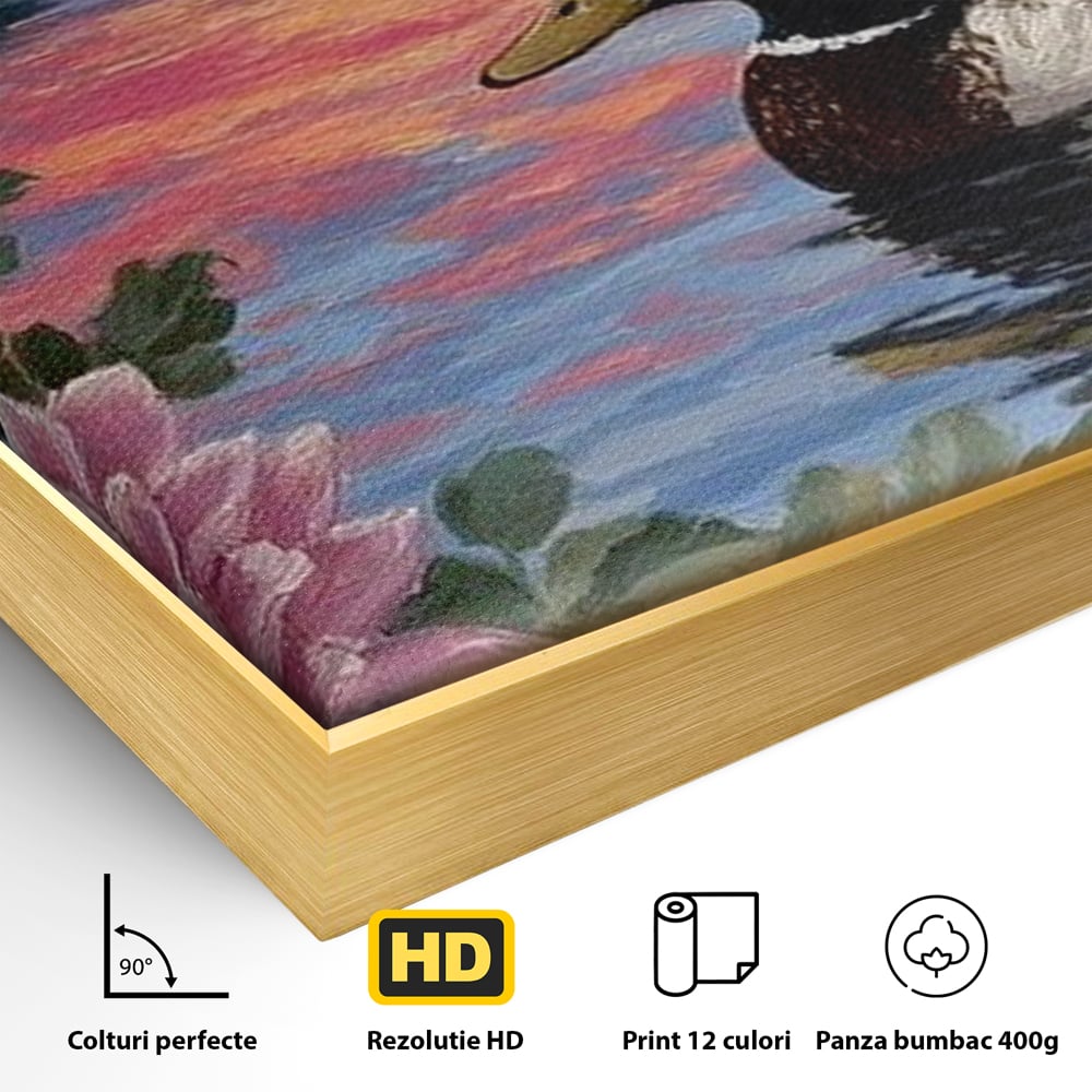 Tablou Canvas Premium, LuxCanva® M1122, Poem de Seara, Nufar, Apus, Lac, Apa, Violet, Rata, Pasare, Vegetatie, Copaci, Pastel, Seara, Relaxare, Birou, Living, Camera Copil