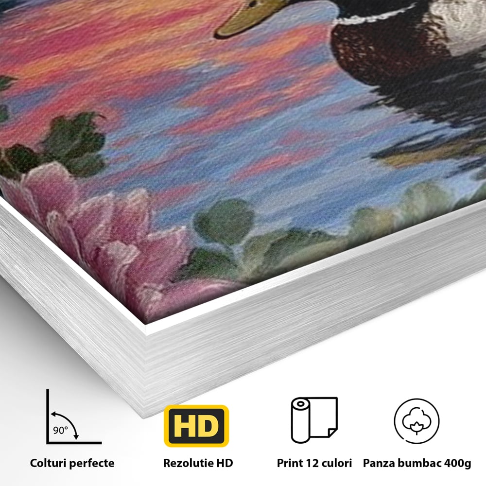 Tablou Canvas Premium, LuxCanva® M1122, Poem de Seara, Nufar, Apus, Lac, Apa, Violet, Rata, Pasare, Vegetatie, Copaci, Pastel, Seara, Relaxare, Birou, Living, Camera Copil